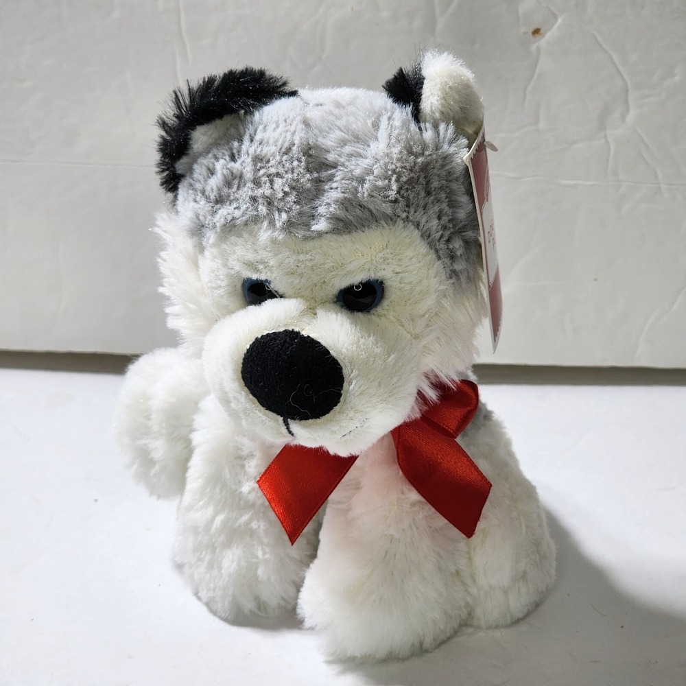 Holiday Time Husky Dog Gray & White Red Ribbon Bow Plush Walmart 7" New